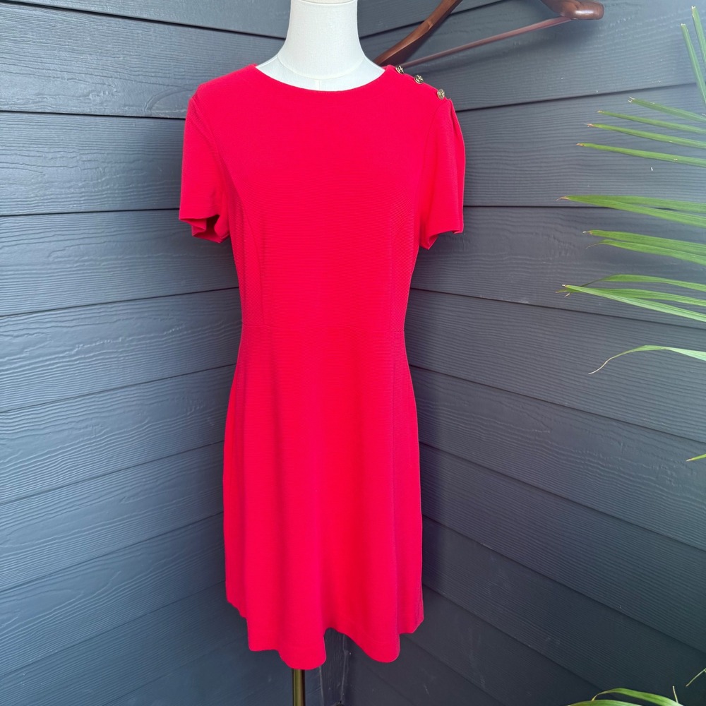 Draper James Red Rib Knit Fit Flare Dress Gold Button Shoulder Women's Large